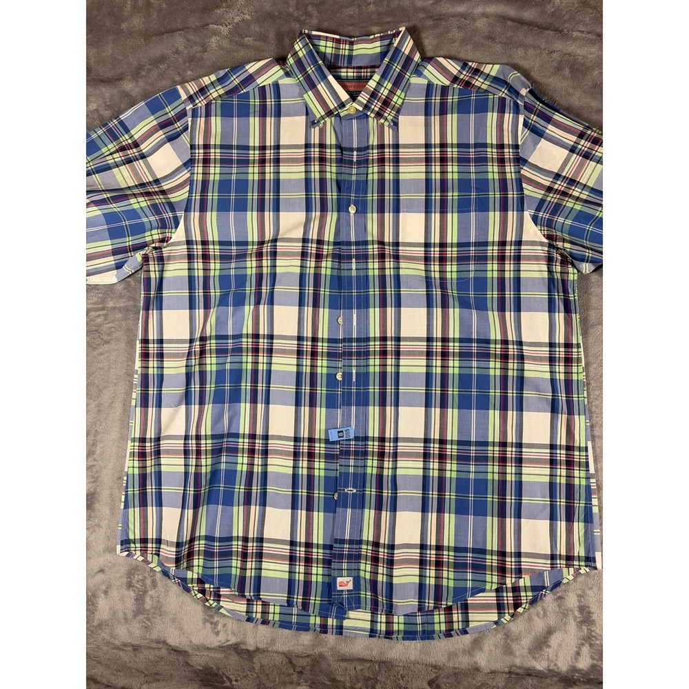 Vineyard Vines Murray Shirt Mens XL Blue Green Plaid Short Sleeve Button Down